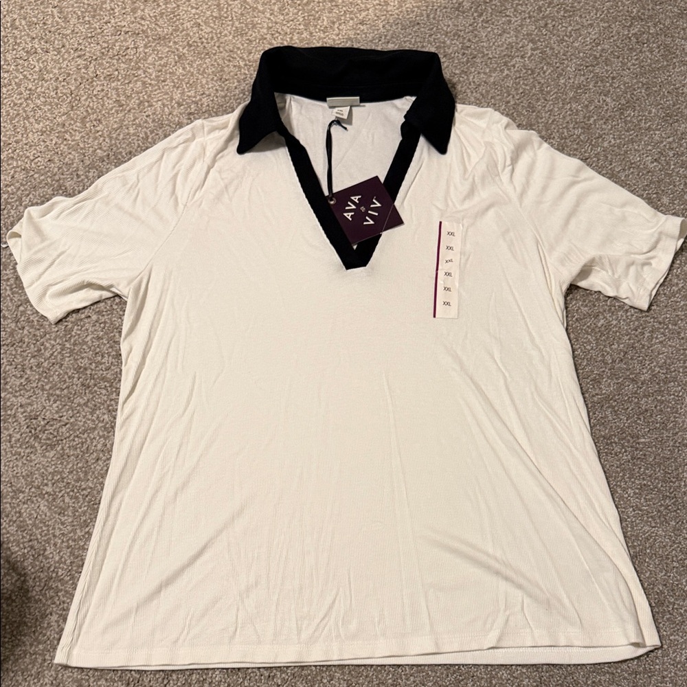 AVA & VIV Women’s White Polo Shirt with Black Collar